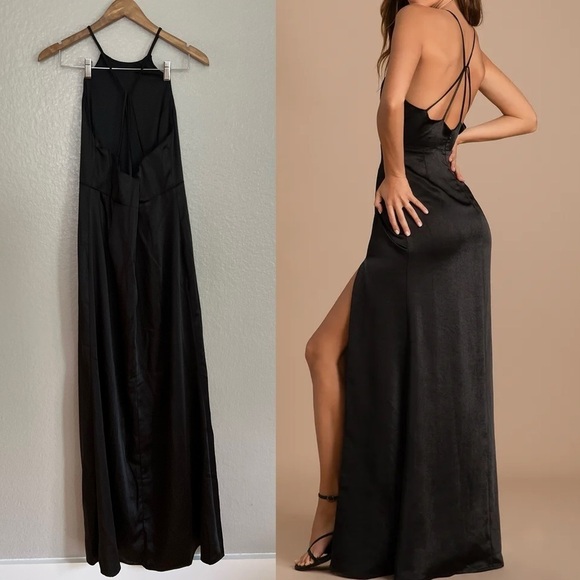 NWOT Make it Elegant Black Satin Strappy Maxi Dress - Picture 3 of 9
